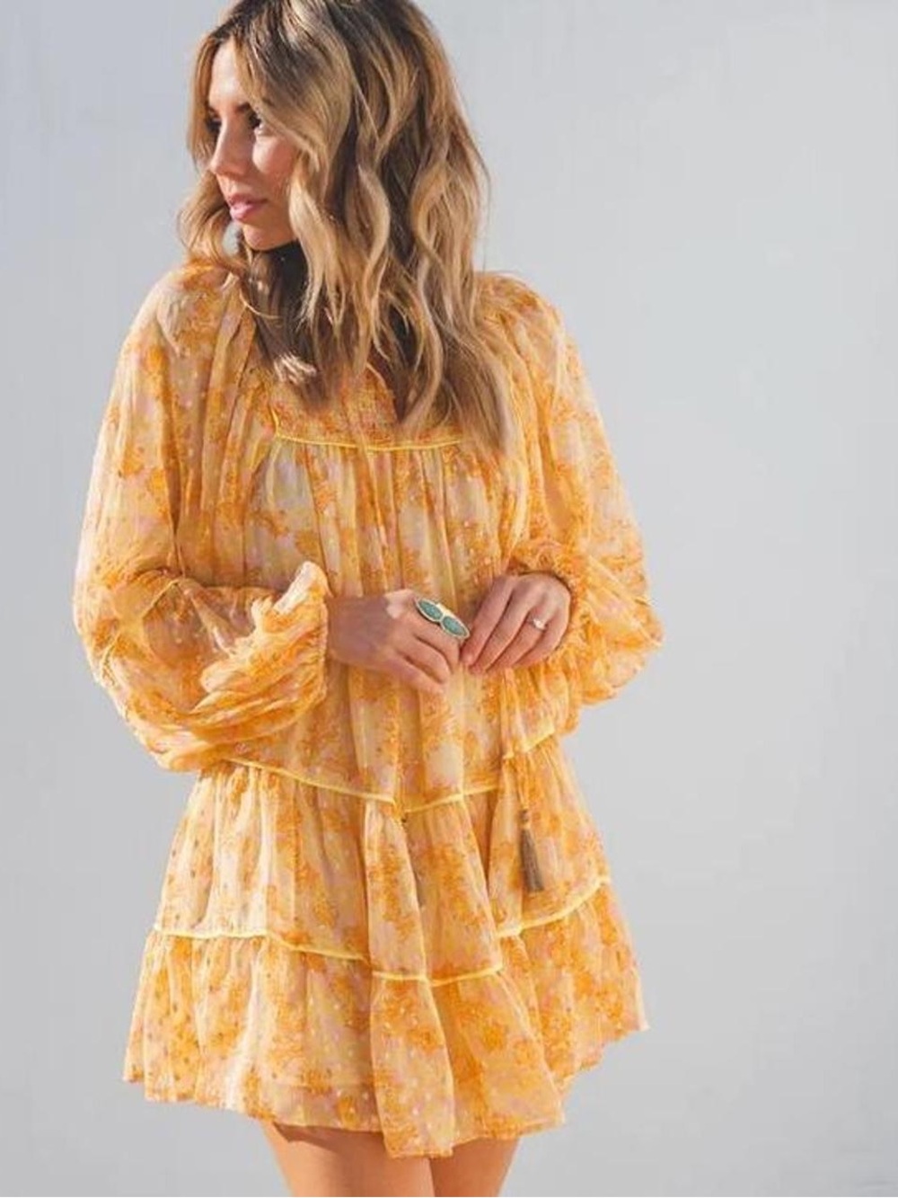 Free People Free Swinging Tiered Floral Mini Dress in Yellow Combo, Size Small